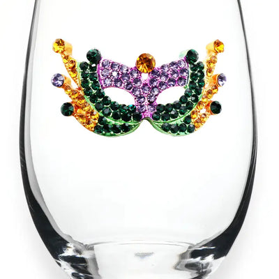 Mardi Gras Mask Jeweled Stemless Wine Glass