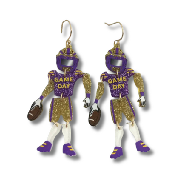 Purple & Gold Glitter Football Player Earrings