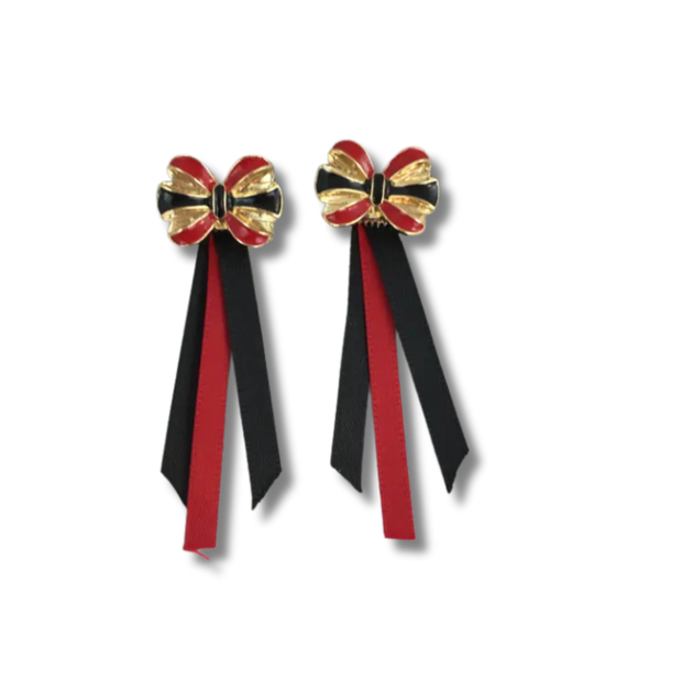 Red & Black Bow with Ribbons Earrings