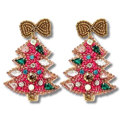 Beaded Christmas Tree Earrings - Pink