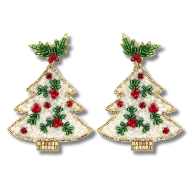 Beaded Christmas Tree Earrings - White