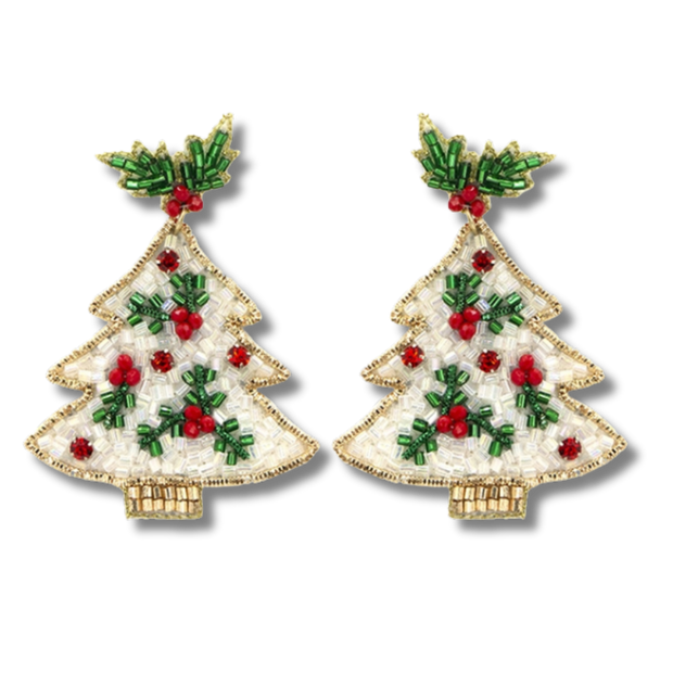 Beaded Christmas Tree Earrings - White