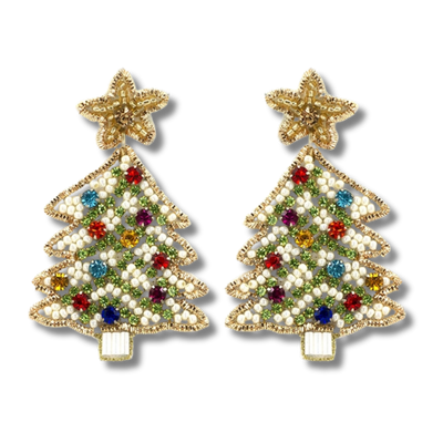 Beaded Christmas Tree Earrings - Gold