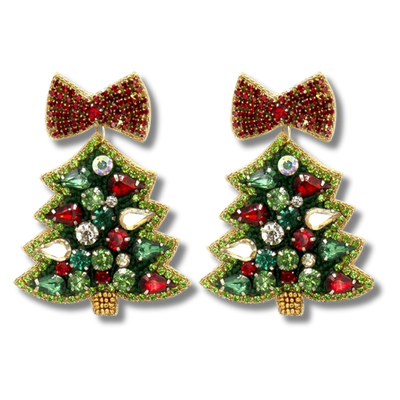 Beaded Christmas Tree Earrings - Red Bow